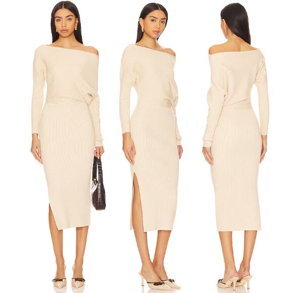 ASTR the Label Dresses & Skirts - ASTR the Label Caris Asymmetric Ribbed Midi Sweater Dress Beige Women's Size XL